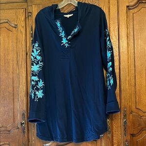 Woman Within Navy Blue Hoodie with Teal Embroidery